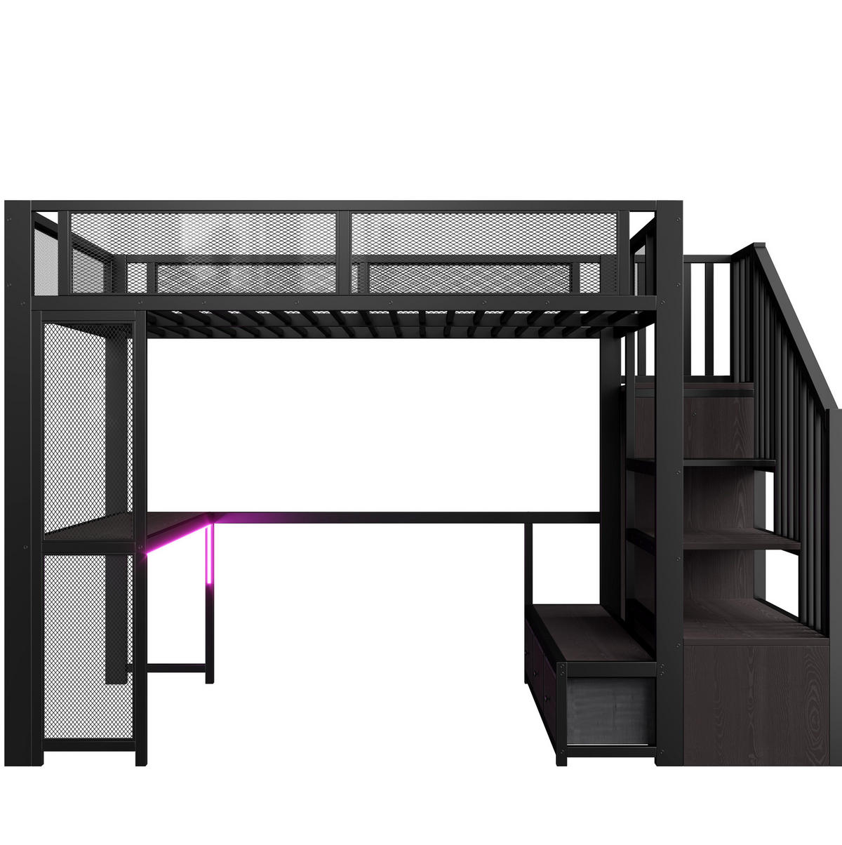HOCHBETT aus Metall und MDF 140x200 cm Schwarz mit Schreibtisch, Stauraumtreppe, USB und LED - Schwarz, Holzwerkstoff (140/200cm) - IVMEU