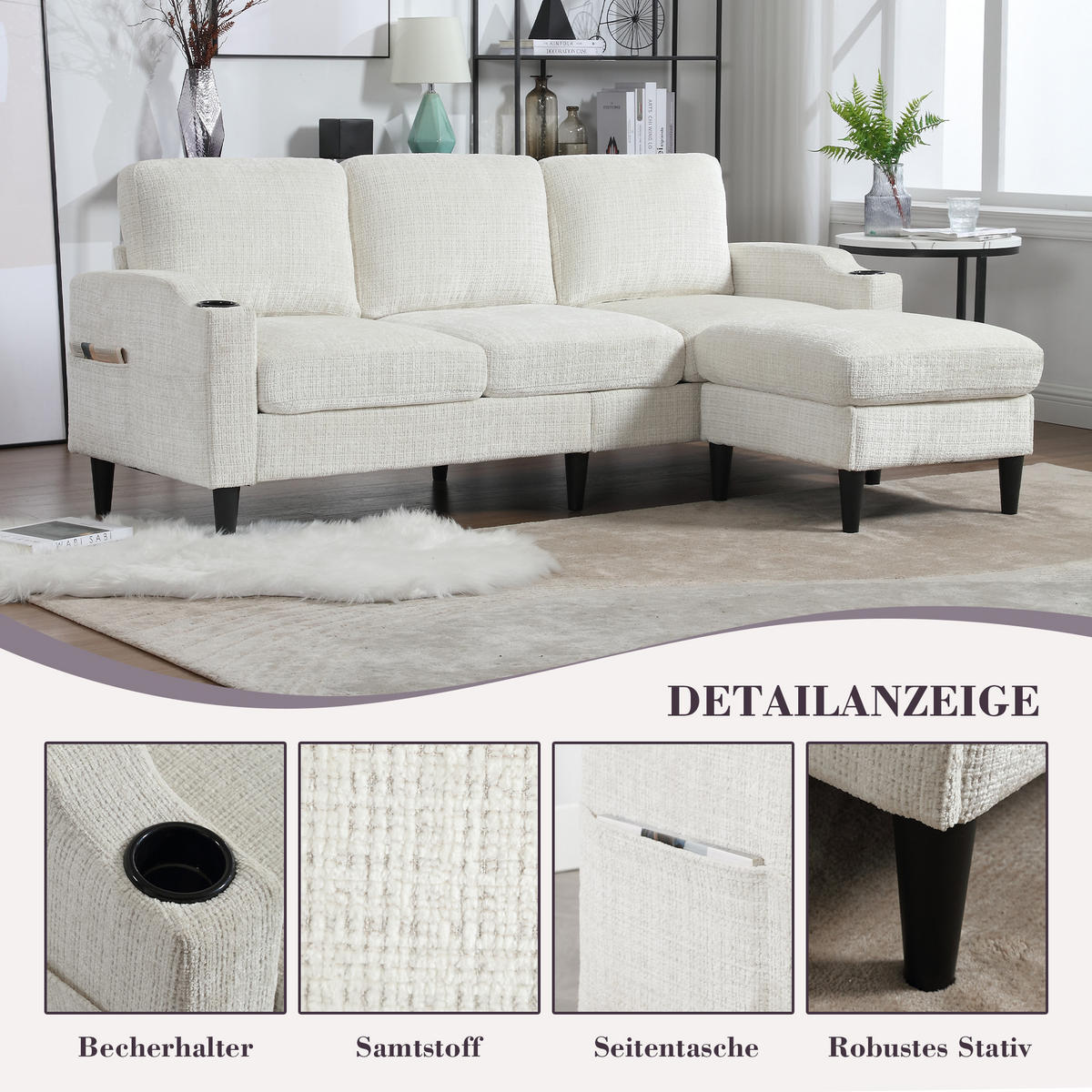 ECKSOFA 163/121/66 cm Beige mit 1 Aufbewahrungshocker, Aufbewahrungstasche und Getränkehalter - Beige, Textil (196.5/75cm) - Oxeza