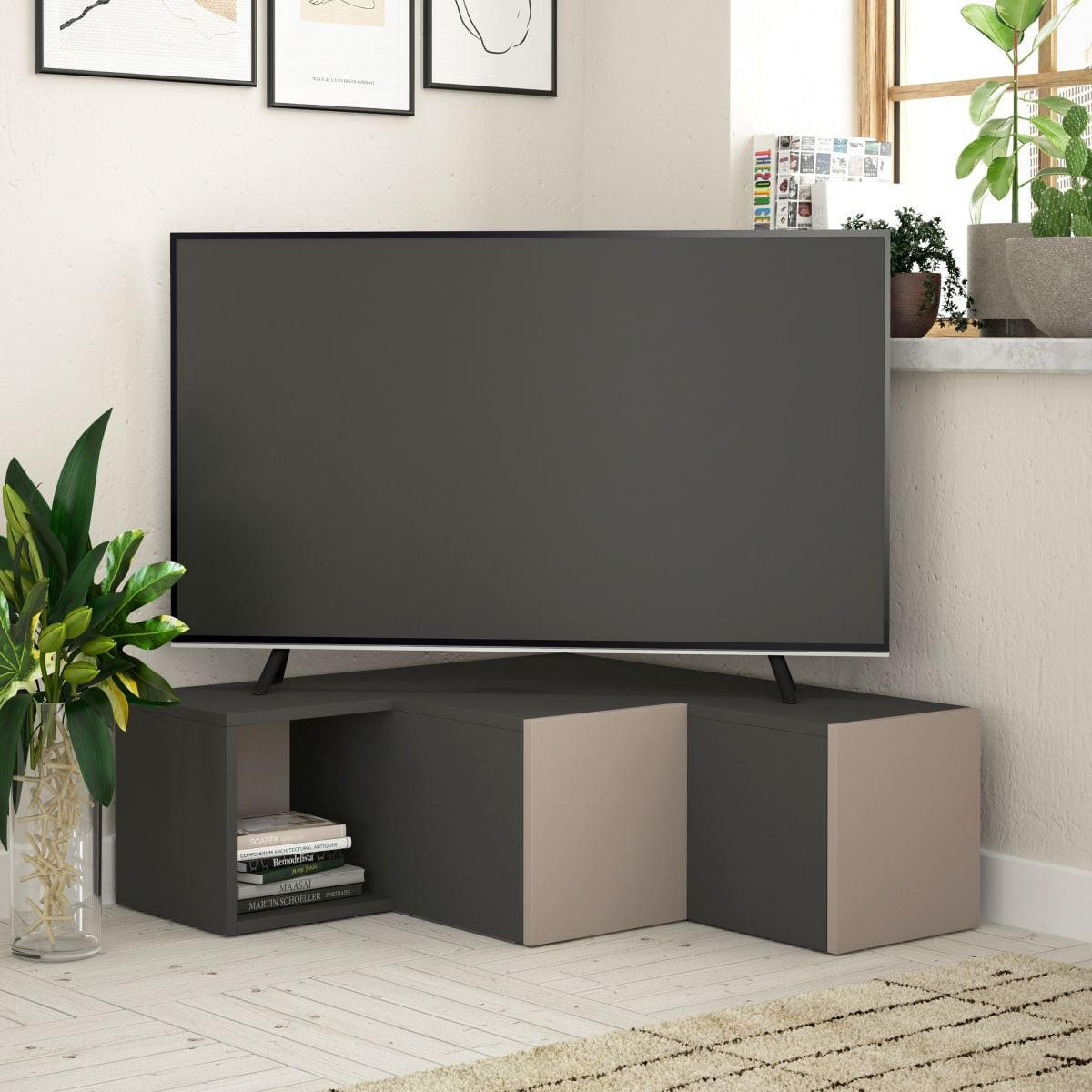 ECK-TV-MÖBEL mit 2 Schubladen und 1 Nische L90 cm - Compact - Anthrazit, Holzwerkstoff (92/32/90cm) - Calicosy
