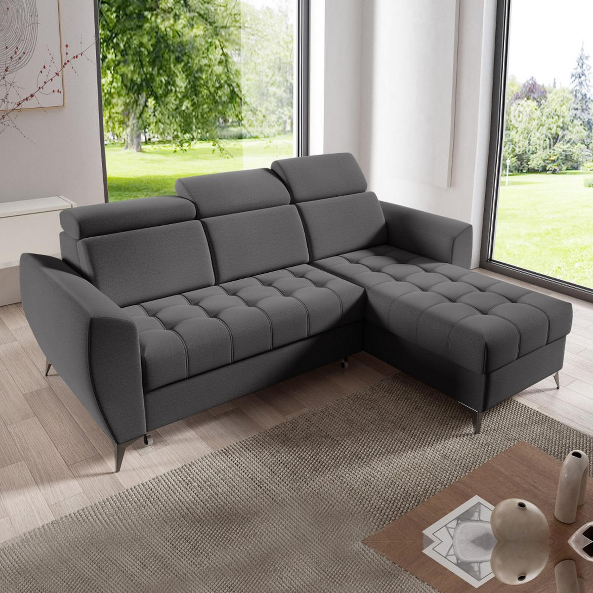 ECKSCHLAFSOFA Aurora I verstellbare Kopfstützen, Anthrazit - Anthrazit/Schwarz, Textil (235/176cm) - Beautysofa