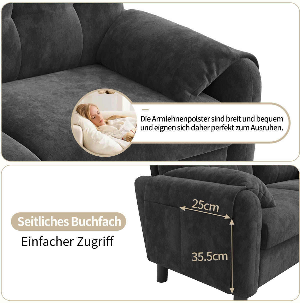 2-SITZER 158/80/88,5 cm grau aus Chenille mit Seitentaschen - Grau, Textil (80/88.5/158cm) - OKWISH