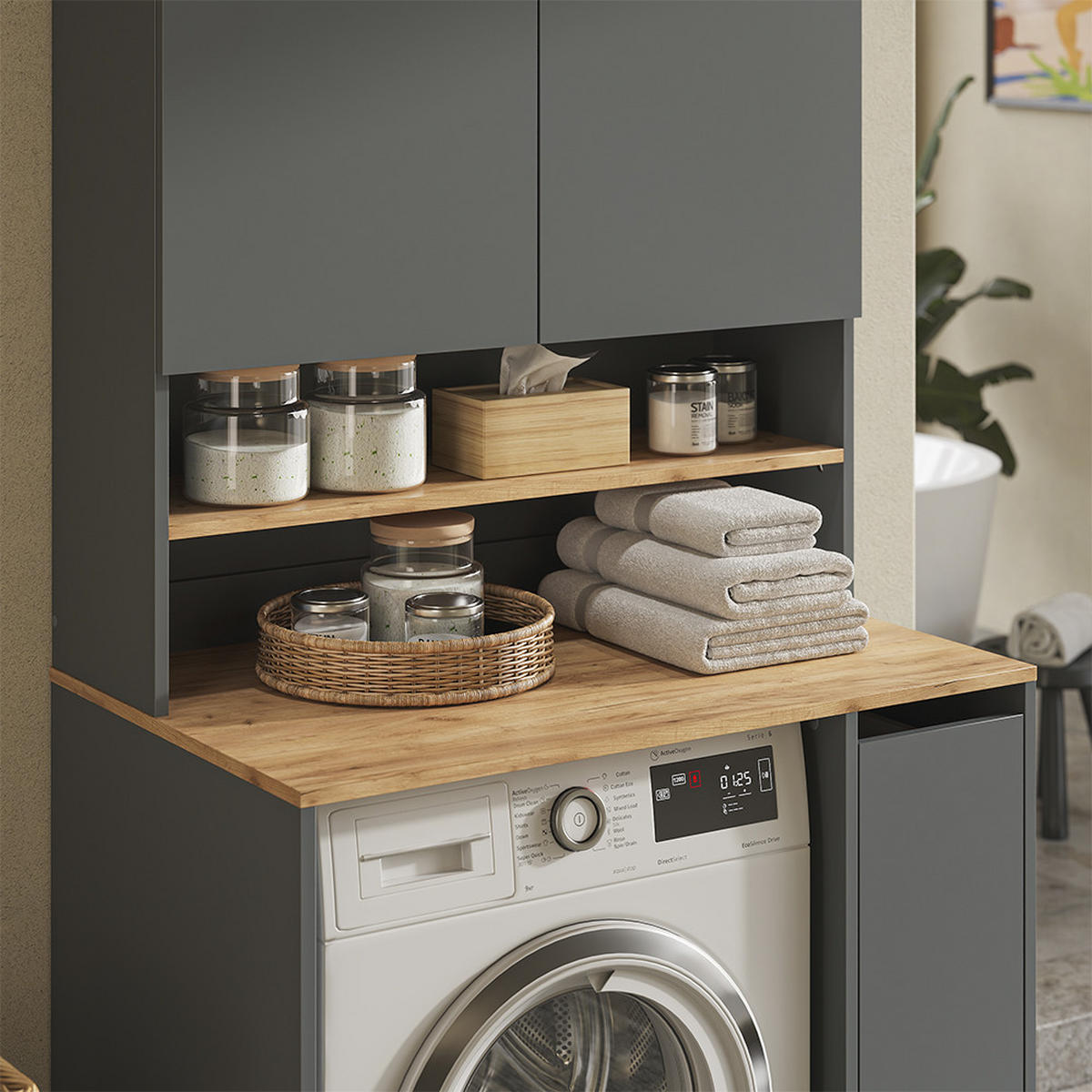 WASCHMASCHINENSCHRANK Viktor, Anthrazit/Goldkraft Eiche, 93.6 x 88.2 cm 2 Teile mit Rollregal - Honigeiche/Anthrazit, Holzwerkstoff (93.6/88.2/60cm) - Vicco