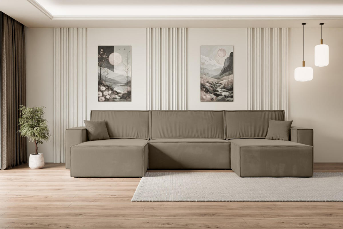 WOHNLANDSCHAFT mit Schlaffunktion und Bettkasten CELTIC-XLU - 377x143x83 cm Braun Velours - Schwarz/Braun, Holzwerkstoff/Kunststoff (377/83/143cm) - ALTDECOR