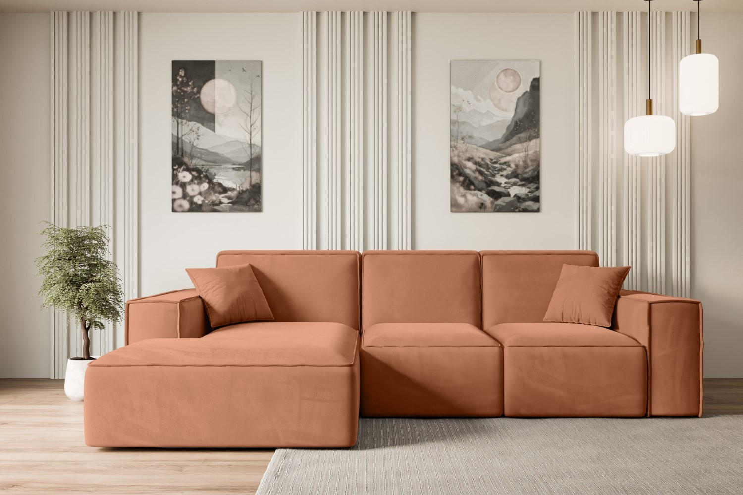 ECKSOFA Ottomane Links SERRA-L - 266x165x73 cm Koralle Velours - Koralle/Schwarz, Holzwerkstoff/Kunststoff (165/266cm) - ALTDECOR