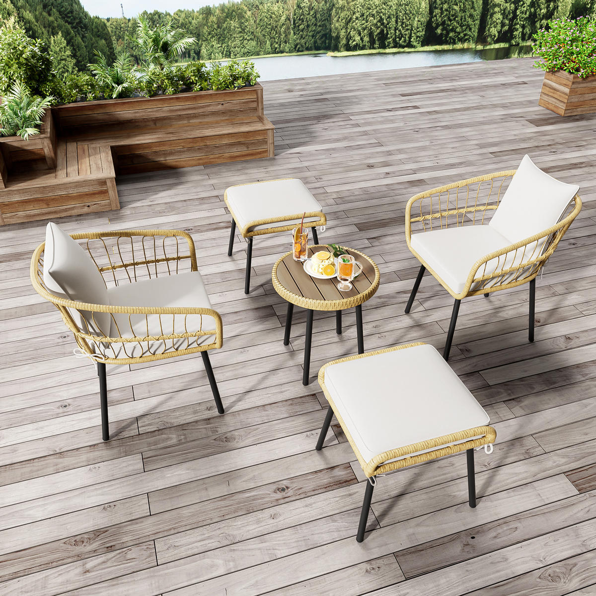 LOUNGESET Rattan Natur/Holzweiß 5-tlg. - Naturfarben, Metall - ComfortXL