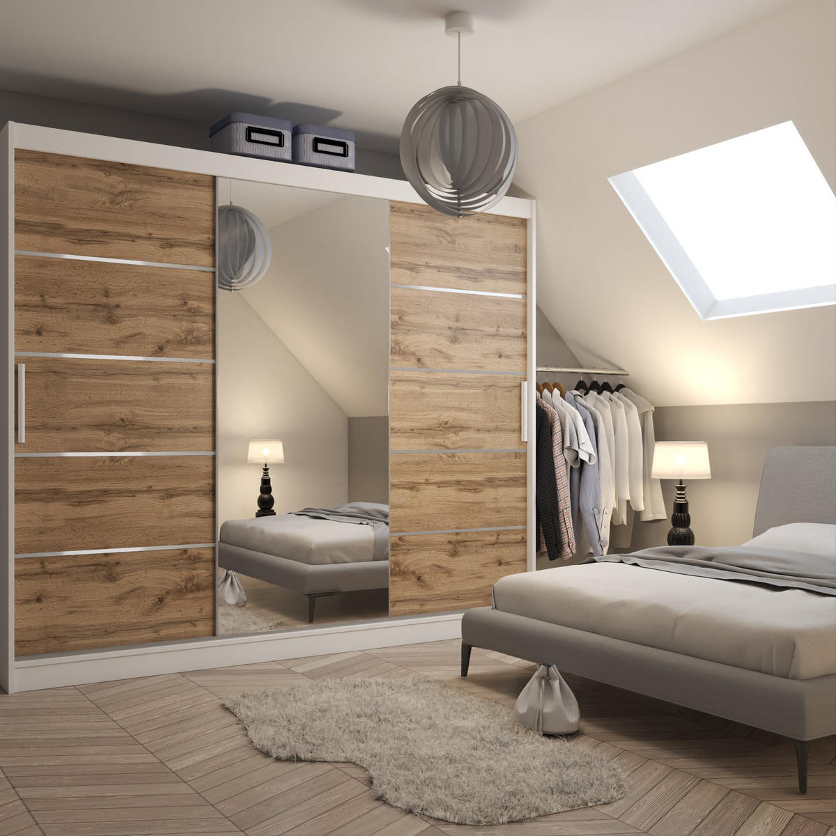 BELINI Verona MBP – posuvné skrine, výška 232 cm, biela/zlatohnedá, matný povrch – šatníková skriňa so zrkadlom a 4 zásuvkami, pre spálňu - hnedá, drevo (232/216/60cm) - B BELINI GROUP
