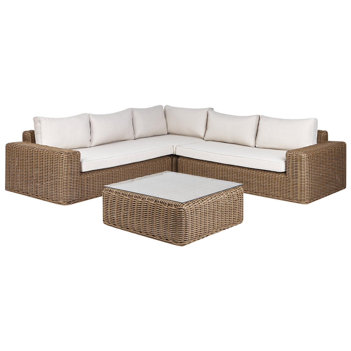 LOUNGE-SET 6-Sitzer PE Rattan Braun Palermo - Braun/Weiß, Kunststoff - Beliani