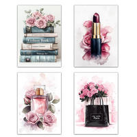 POSTER Set mit 4 Schminke, Schönheitsblumen, Tasche, Parfüm, Lippenstift A3 Rahmenlos - Klar, Papier (29.7/3cm) - Nacnic
