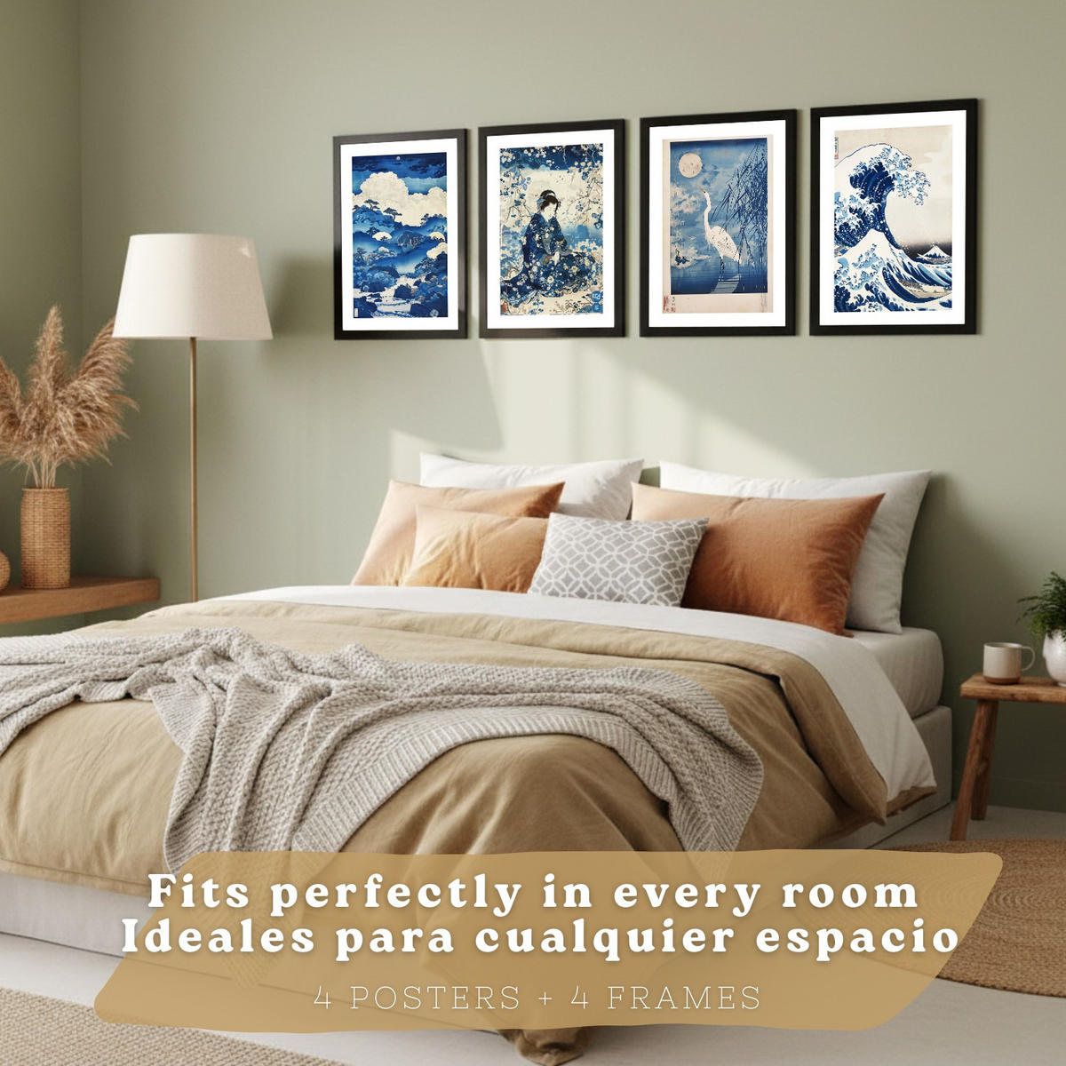 PLAKAT Sada 4 Japan Blue A3 Černý rám - černá, papír (29.7/1/42cm) - Nacnic