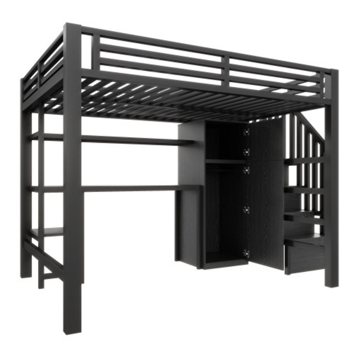 HOCHBETT 140x200 cm aus Metall & MDF mit Schreibtisch, Kleiderschrank und LED, schwarz - Schwarz, Holzwerkstoff (140/200cm) - Luhomfu