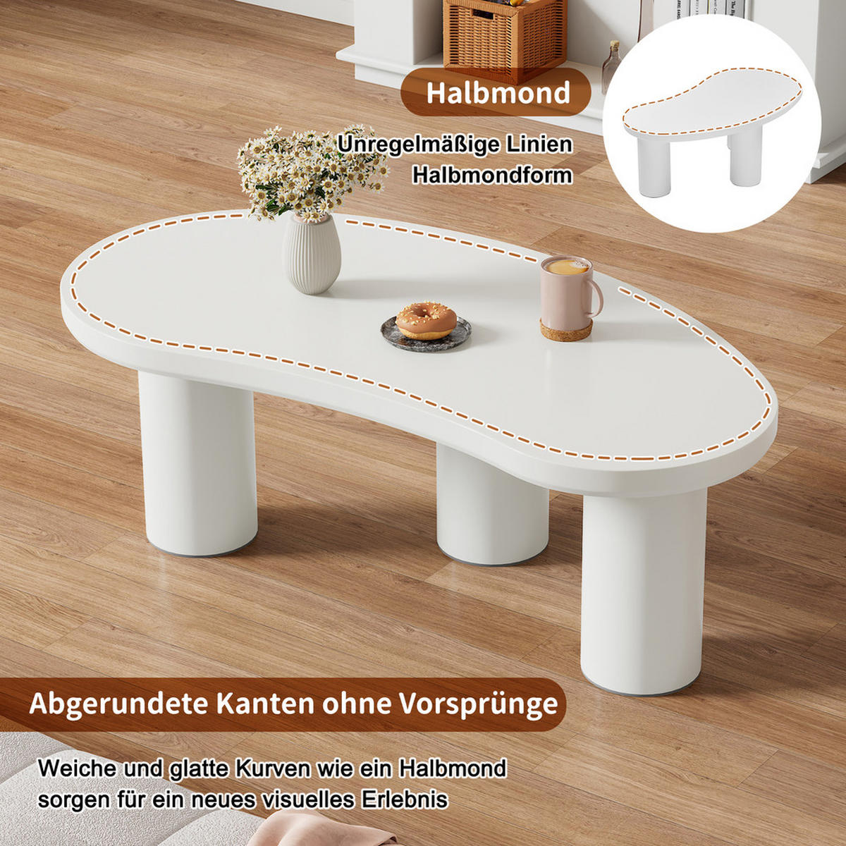 COUCHTISCH 107x57cm Halbmondform Unregelmäßig Modern MDF PVC Beine - Weiß, Holz (115.5/63.5/25cm) - FLIEKS