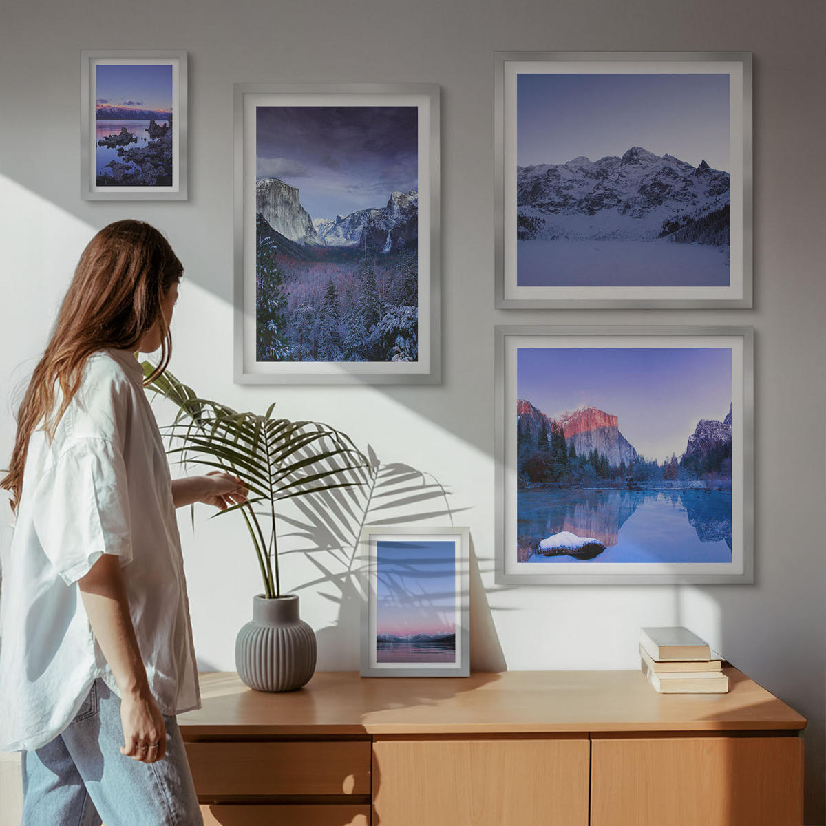WANDBILDER 5er Set - 50x50 cm & 20x30 cm & 40x60 cm Silberner Rahmen - Berglandschaften, Sonnenuntergang, Wasser - Silberfarben, Kunststoff (40/60cm) - ArtPrintCave