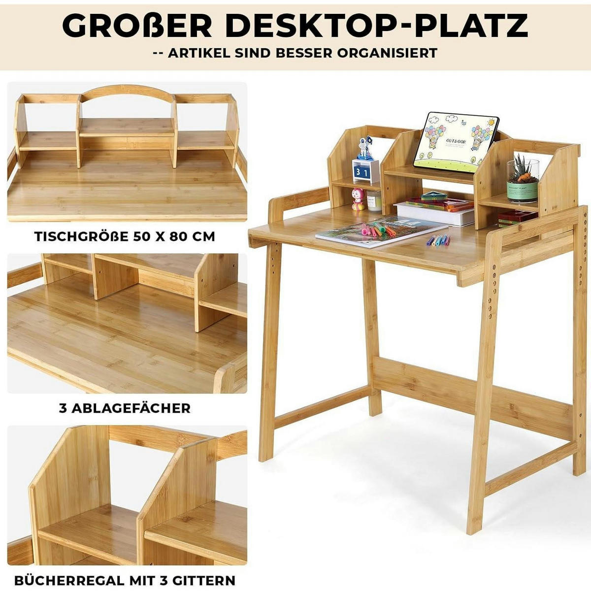 KINDERSCHREIBTISCH-SET Bambus höhenverstellbar mit Stuhl und Stauraum - Hellbraun, Naturmaterialien (80/95/50cm)