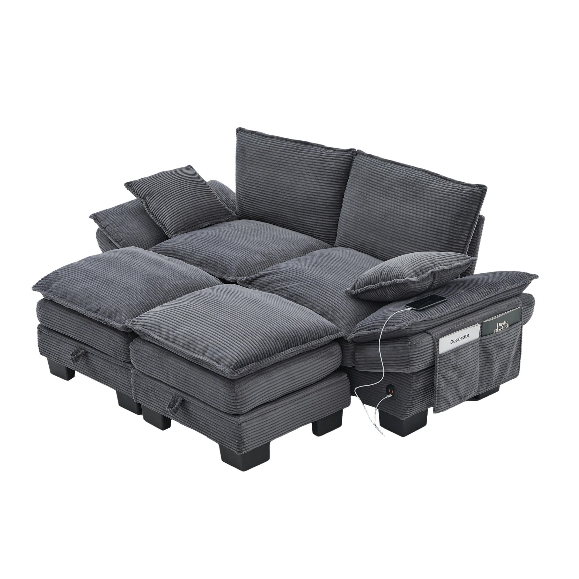 2-SITZER SOFA Cord Dunkelgrau mit 2 Hocker, USB-C und Seitentaschen - Dunkelgrau, Holzwerkstoff/Kunststoff (190/84/132cm) - WISHDOR