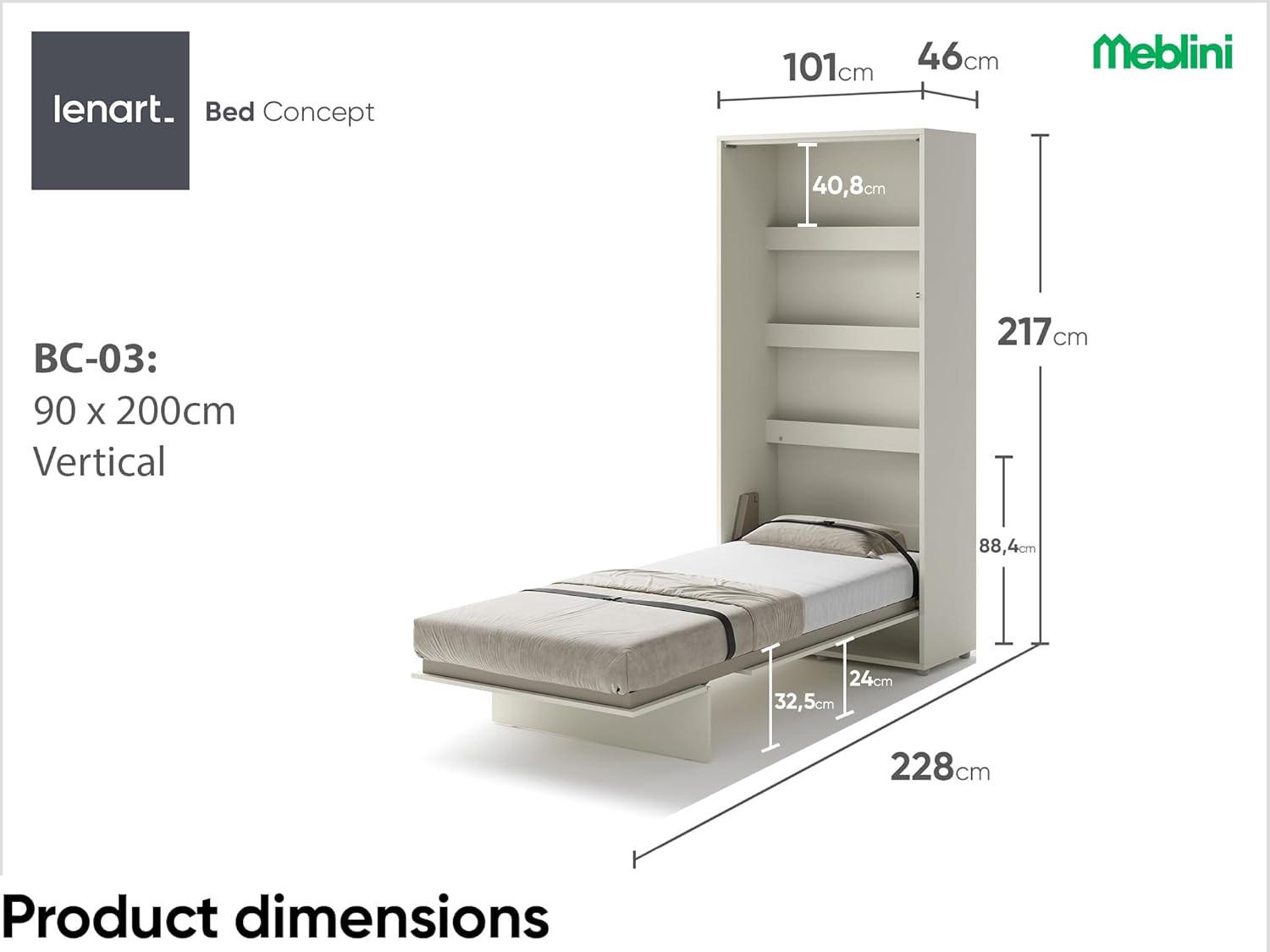 SCHRANKBETT BC-03 - 90x200cm Vertikal - Kaschmir - Kaschmir, Holzwerkstoff (90/200cm) - Meblini