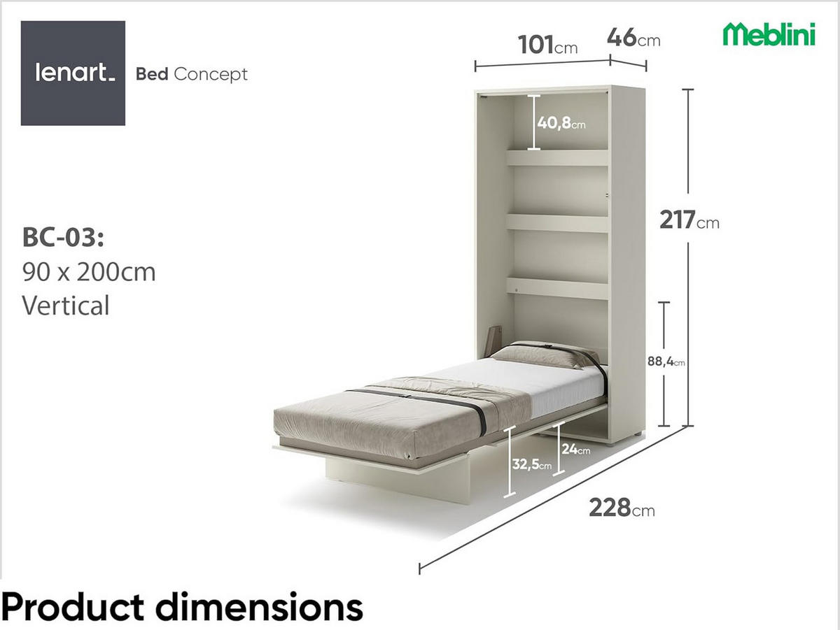 SCHRANKBETT BC-03 - 90x200cm Vertikal - Kaschmir mit Matratze - Kaschmir, Holzwerkstoff (90/200cm) - Meblini