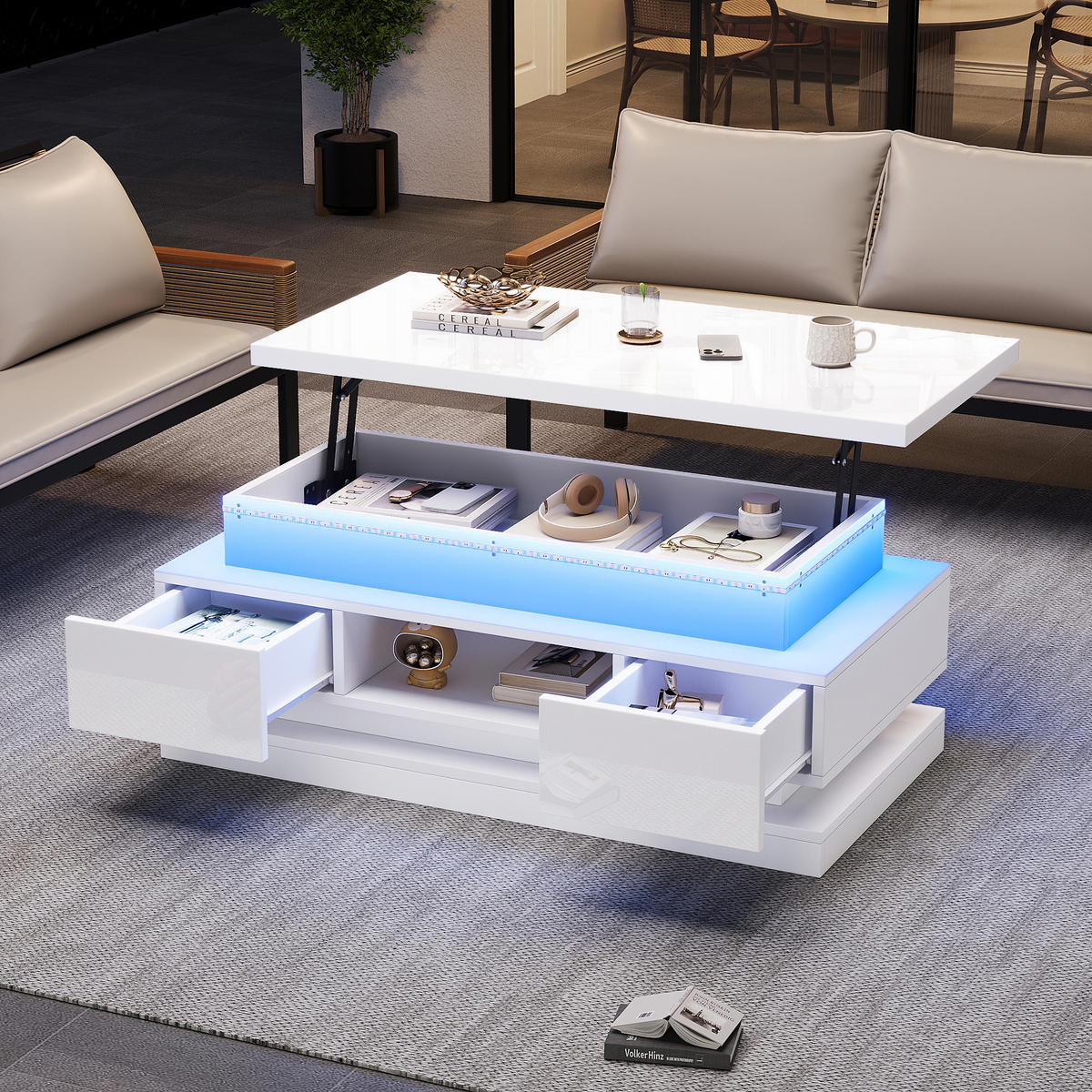 COUCHTISCH anhebbar Weiß LED 2 Schubladen 100x50x40cm Stauraum - Weiß, Holzwerkstoff (100/50/40cm) - FLIEKS