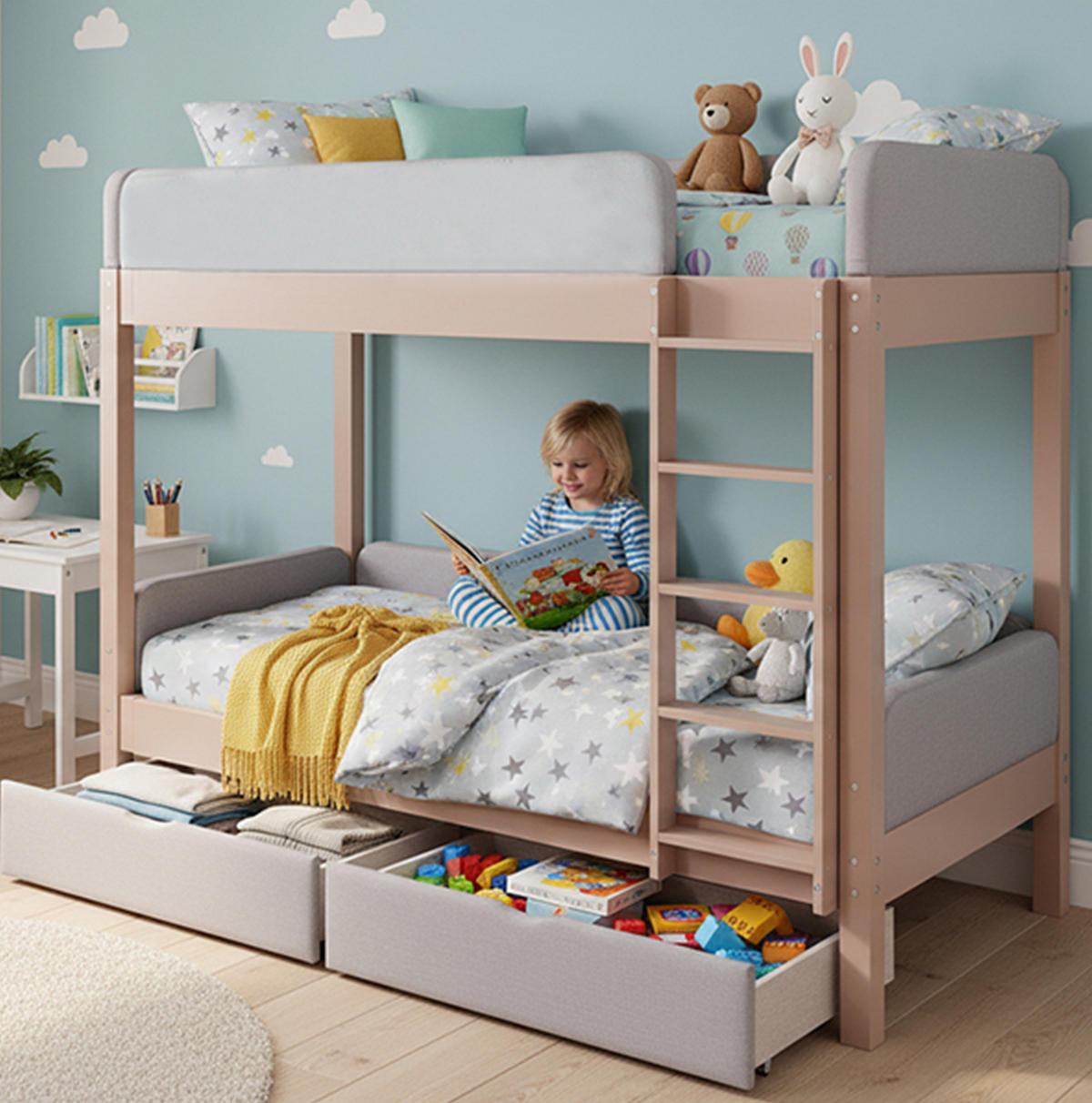 ETAGENBETT aus Kautschukholz und MDF 90x200 cm Grau/Natur mit Treppe und 2 Schubladen - Grau, Holzwerkstoff (90/200cm) - IVMEU