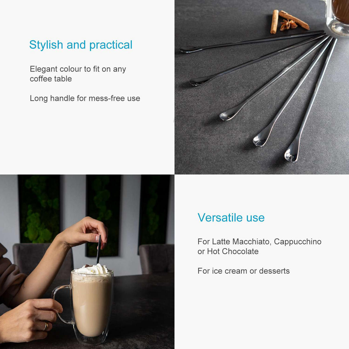 LATTE MACCHIATO LÖFFEL 22 cm Länge (6er Set) - Schwarz, Metall - Intirilife