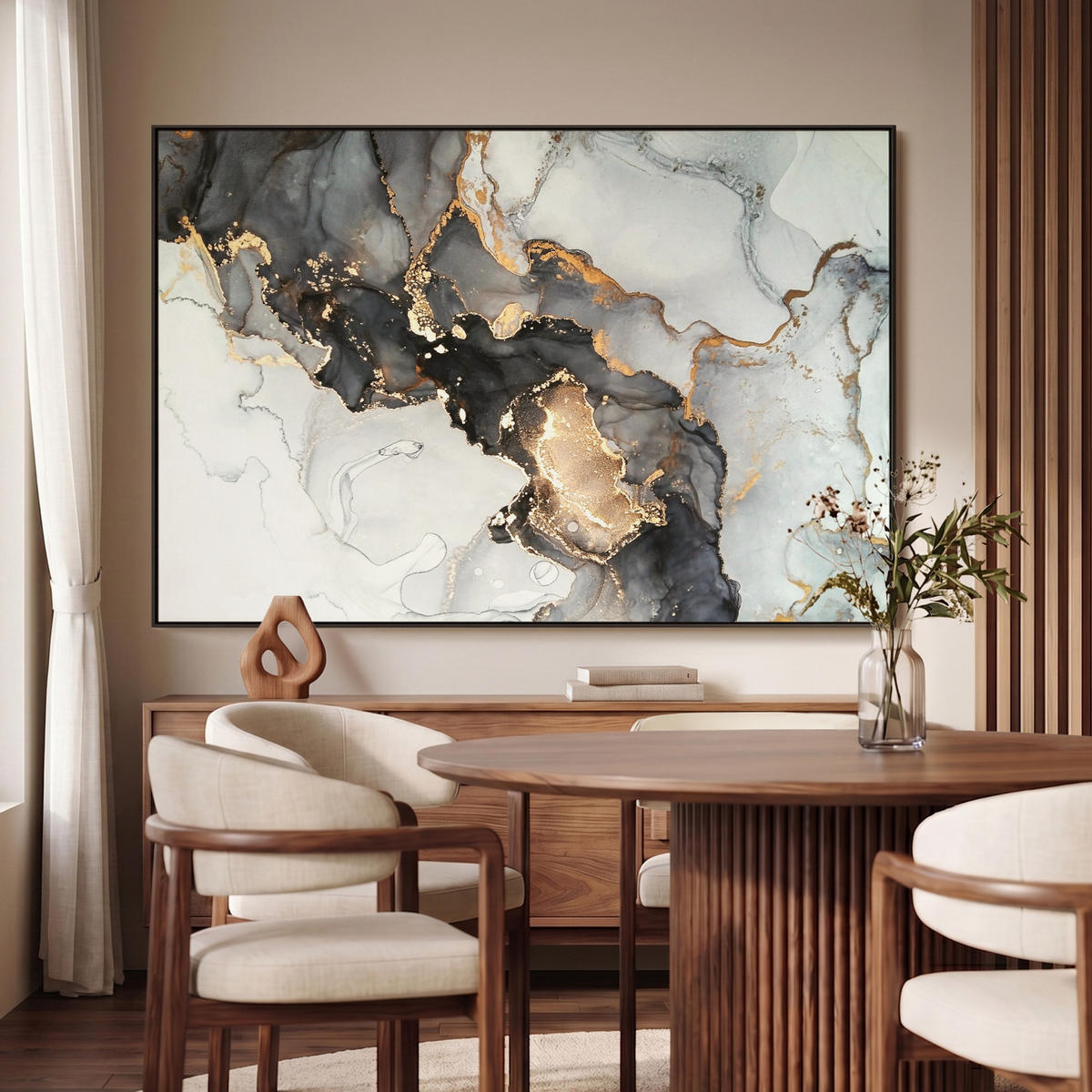 LEINWAND Bilder mit Rahmen - Marmor - Schwarz - Weiß - Gold - Luxus - Abstrakt - 120x80 - Goldfarben, Textil (120/80cm) - MuchoWow