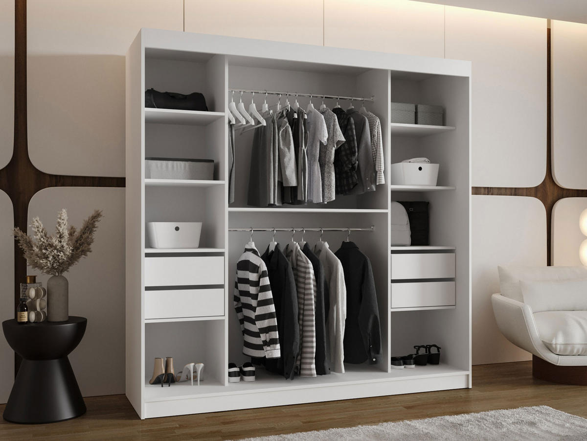 SCHWEBETÜRENSCHRANK Selfie 200 cm mit Schubladen - Kaschmir/Silberfarben, Holzwerkstoff/Kunststoff (200/200/62cm) - MIRJAN24