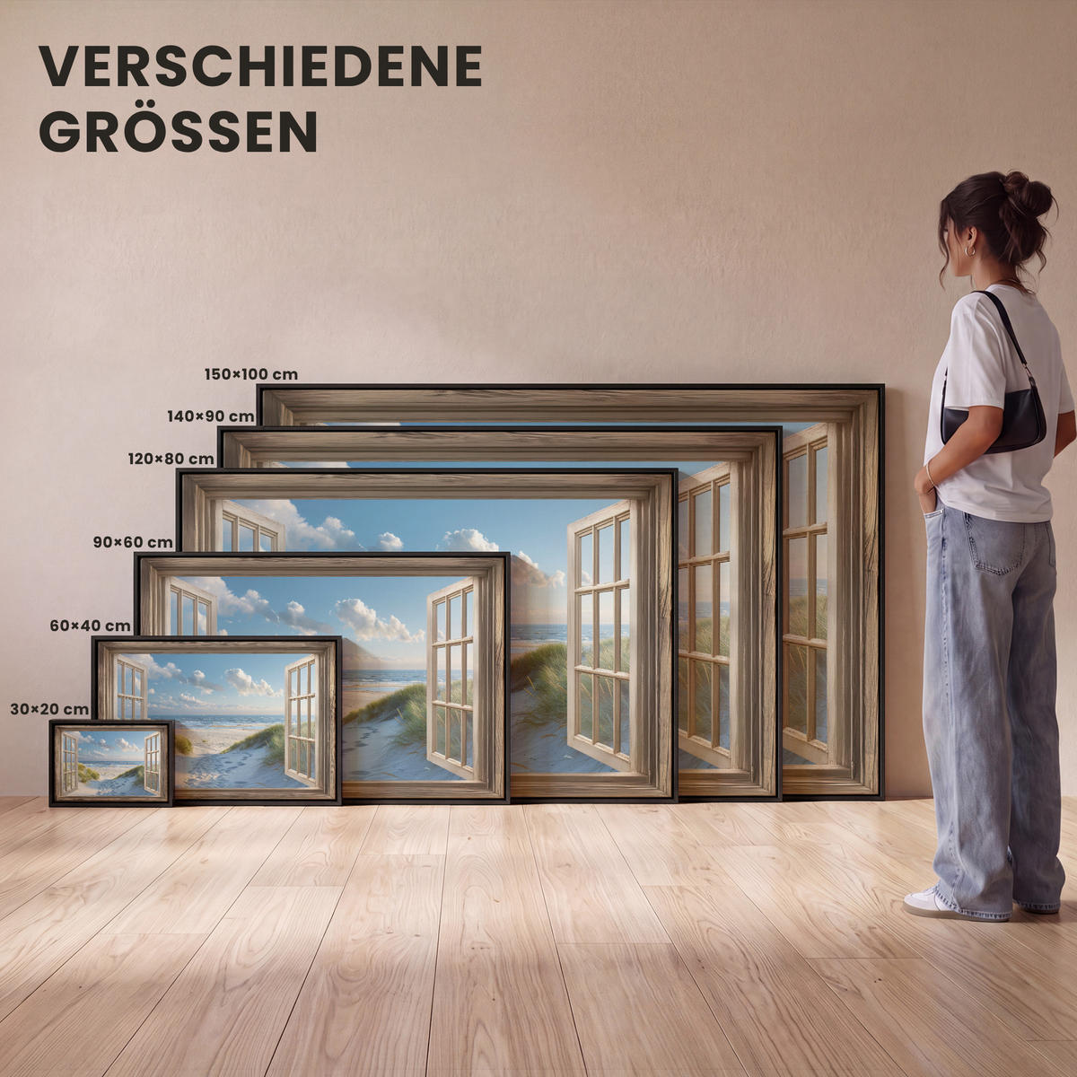 LEINWAND Bilder mit Rahmen - Aussicht - Strand - Fenster - Dünen - Meer - 120x80 - Hellblau, Textil (120/80cm) - MuchoWow