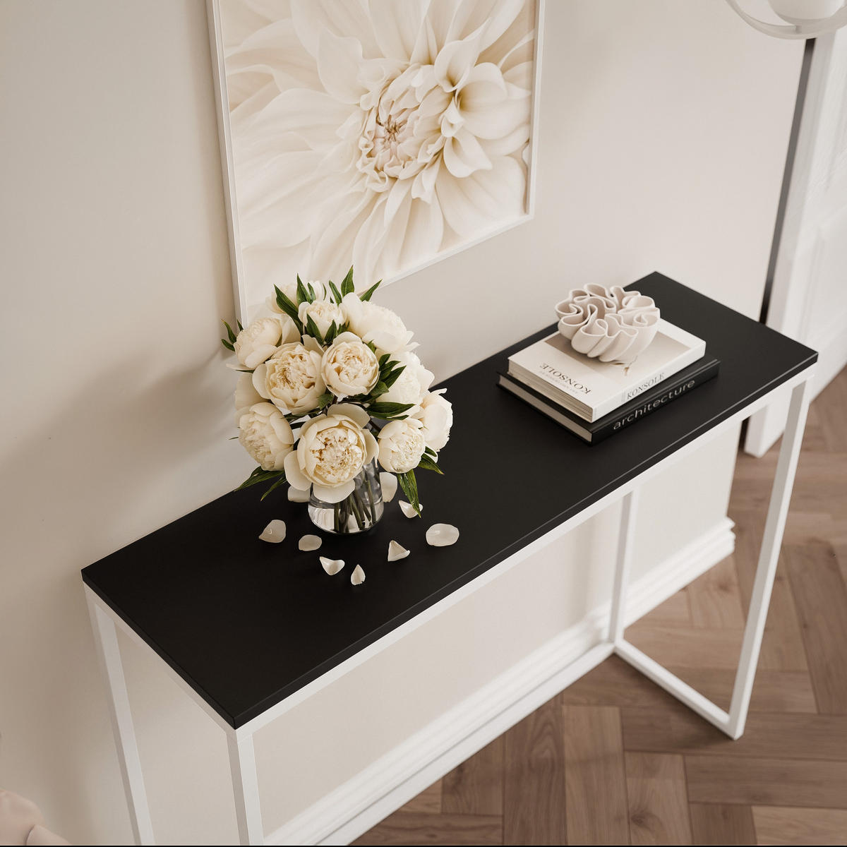 KONSOLENTISCH LORA 80 cm, Weiß / Schwarz matt - Schwarz/Weiß, Metall (30/80/80cm) - Idohome