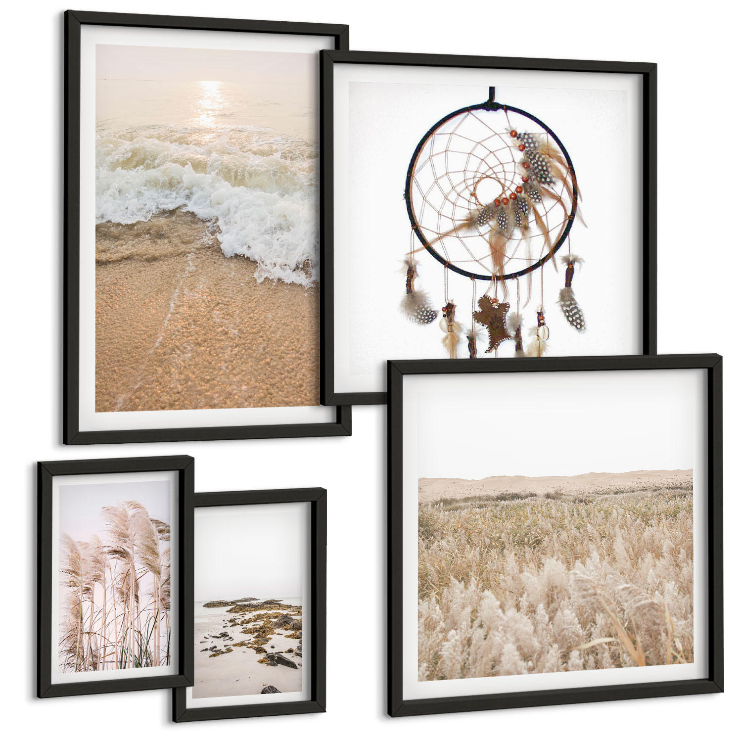 BILDER SET 5er Set - 50x50 cm & 20x30 cm & 40x60 cm Schwarzer Rahmen - Strandgras, Wellen, Steine, Boho-Stil - Schwarz, Kunststoff (40/60cm) - TULUP