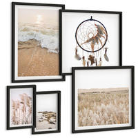 BILDER SET 5er Set - 50x50 cm & 20x30 cm & 40x60 cm Schwarzer Rahmen - Strandgras, Wellen, Steine, Boho-Stil - Schwarz, Kunststoff (40/60cm) - TULUP