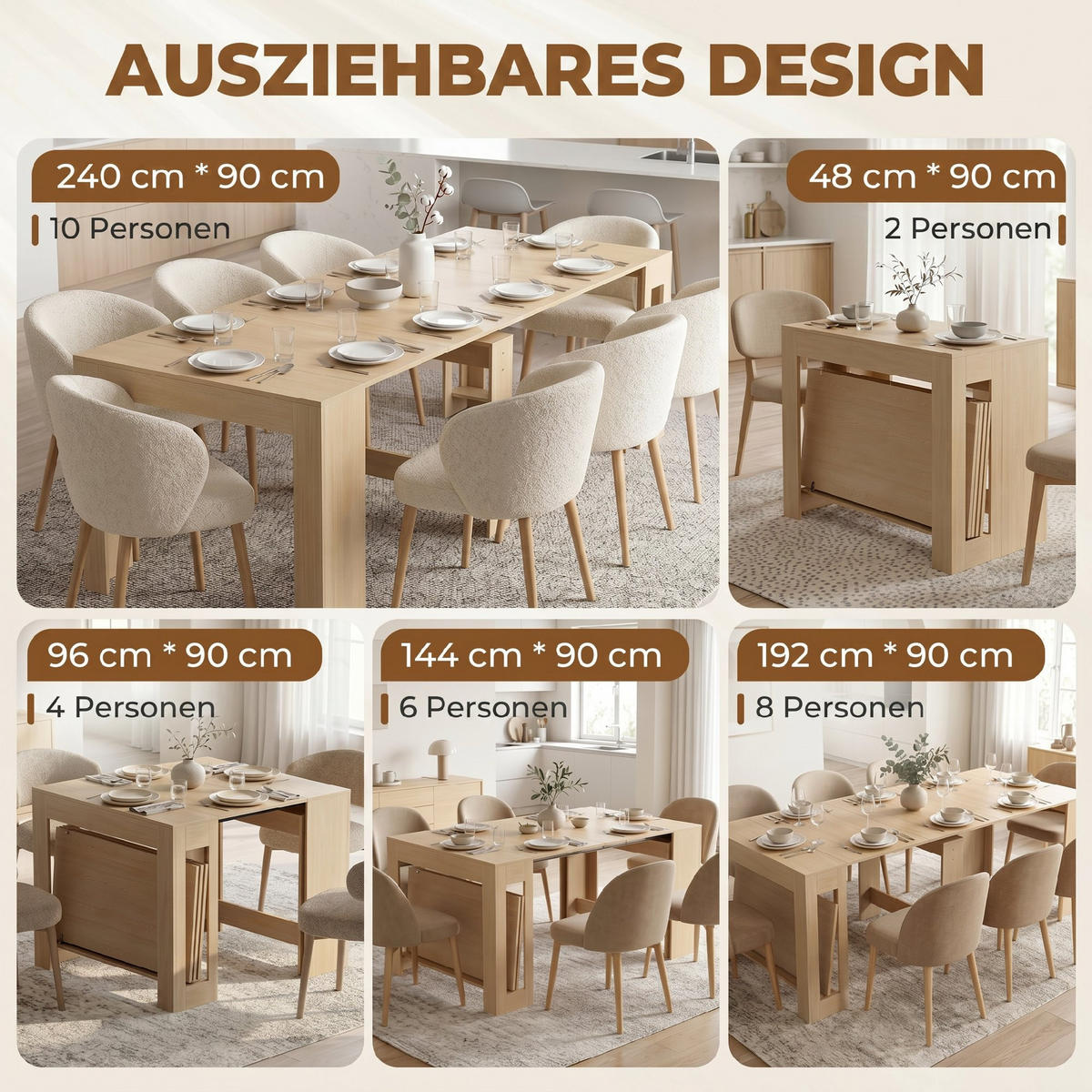 ESSTISCH Hellbraun ausziehbar 240/90/78 cm - Hellbraun, Metall (240/90/78cm) - PANGIVO