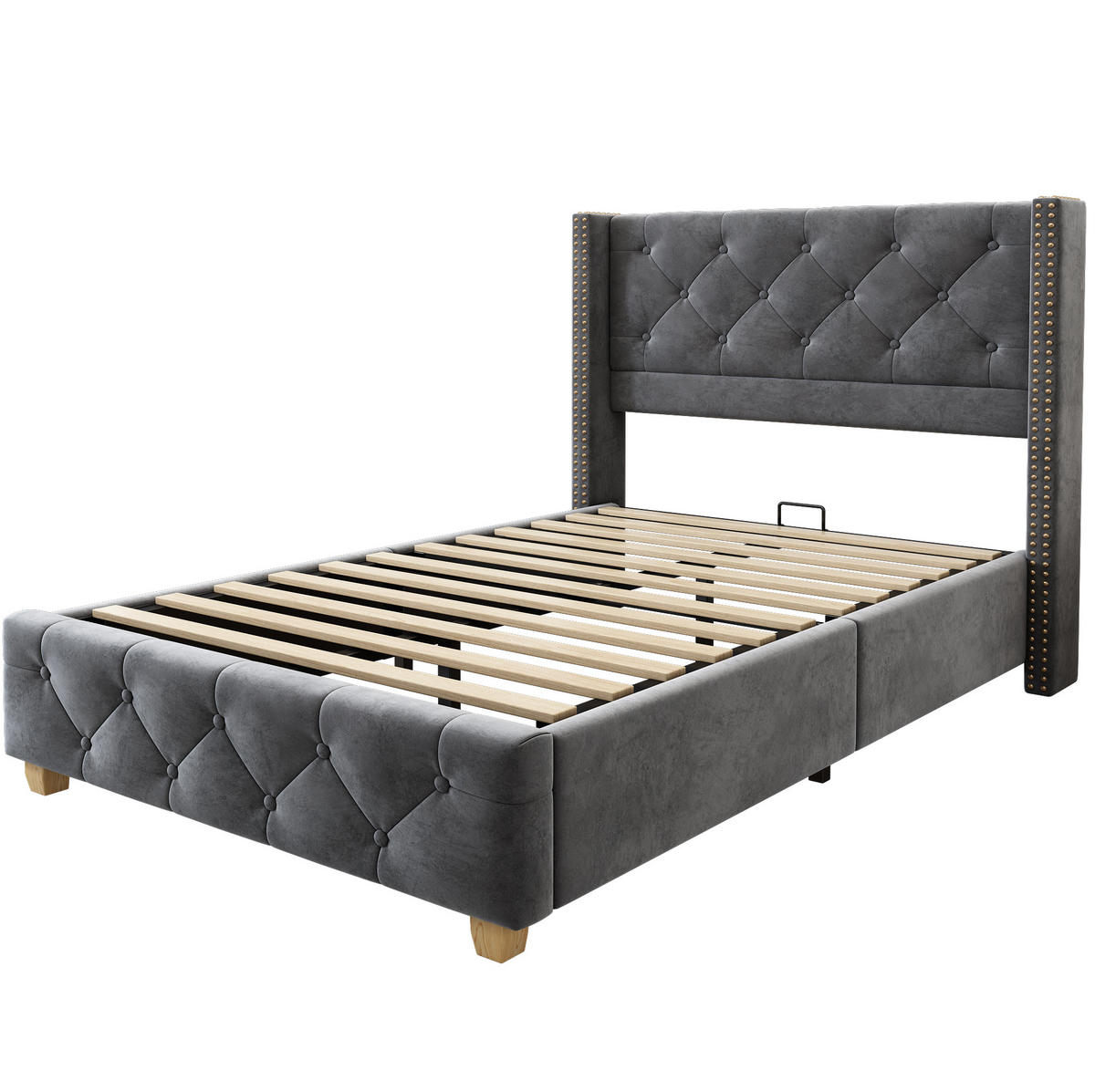 POLSTERBETT aus Samt 90x200 cm Grau mit Lattenrost, Knopfheftung und Nietenverzierung - Grau, Textil (90/200cm) - Modfu