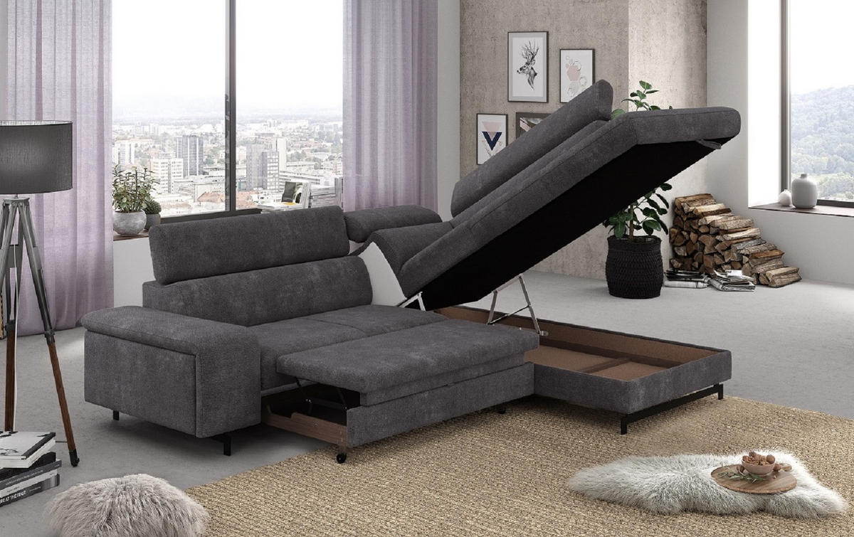 ECKSOFA mit Schlaffunktion und Bettkasten - Schwarz/Graphitfarben, Kunststoff/Textil (215/262cm) - Cotta