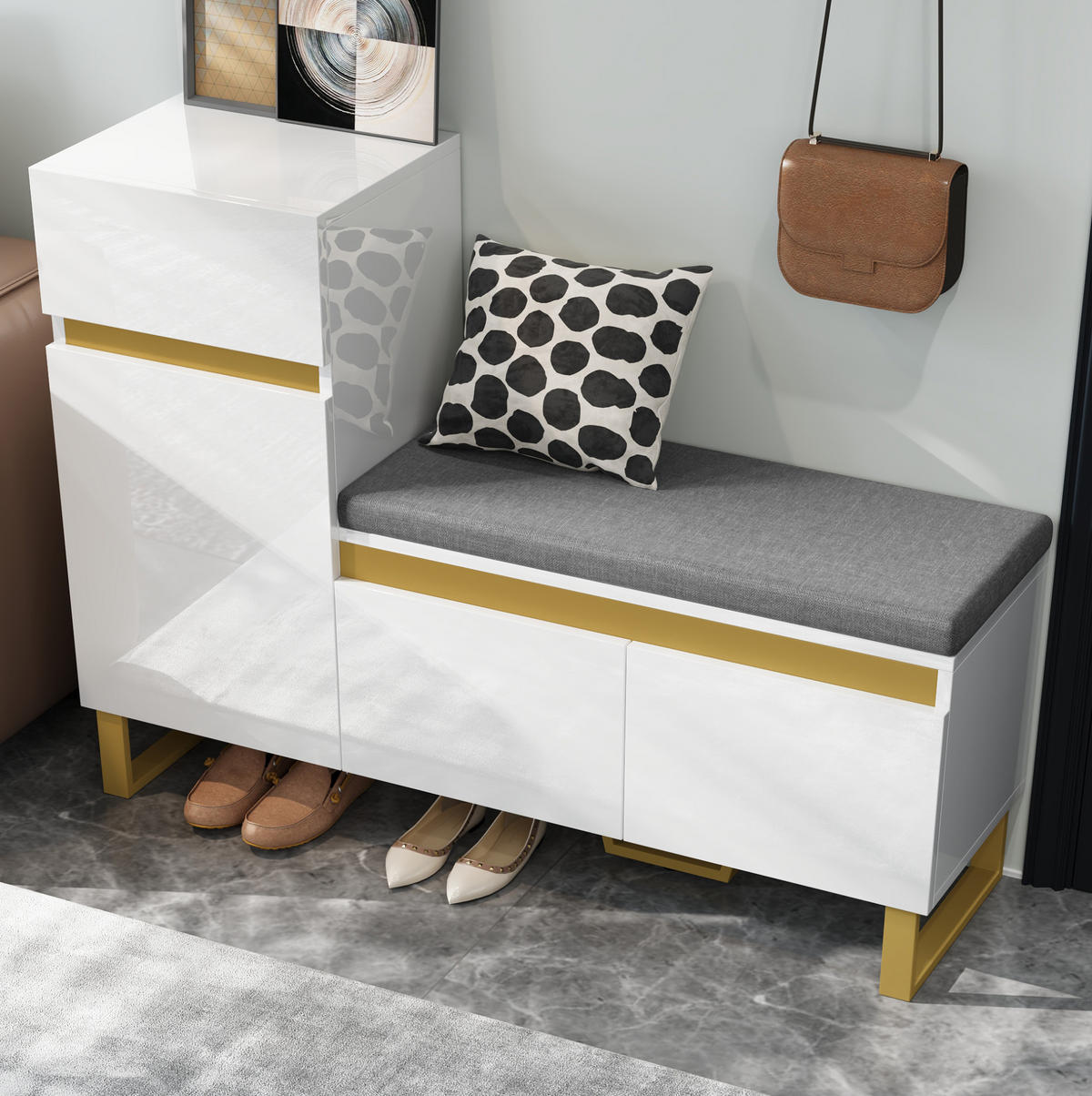SCHUHSCHRANK 120/35/85 cm mit Sitzkissen, Schublade und Stauraum, MDF in Hochglanz, Weiß - Weiß, Holzwerkstoff (120/85/35cm) - Redom
