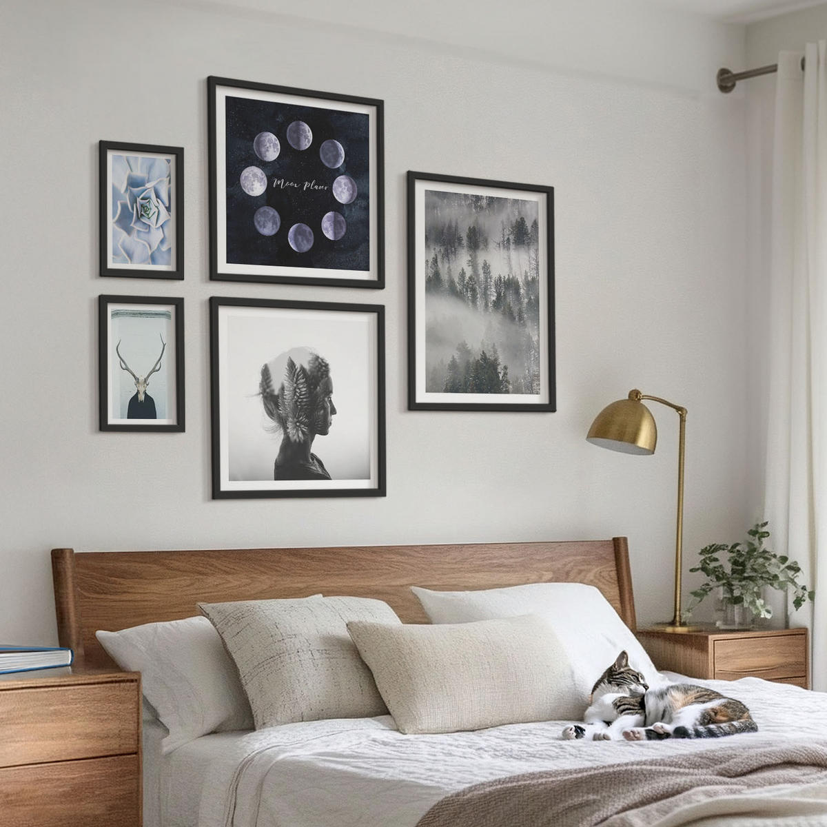 WANDBILDER 5er-Set - 50x50 cm & 20x30 cm & 40x60 cm Schwarzer Rahmen - Waldnebel, Mond, Schädel, Frau - Schwarz, Kunststoff (40/60cm) - ArtPrintCave
