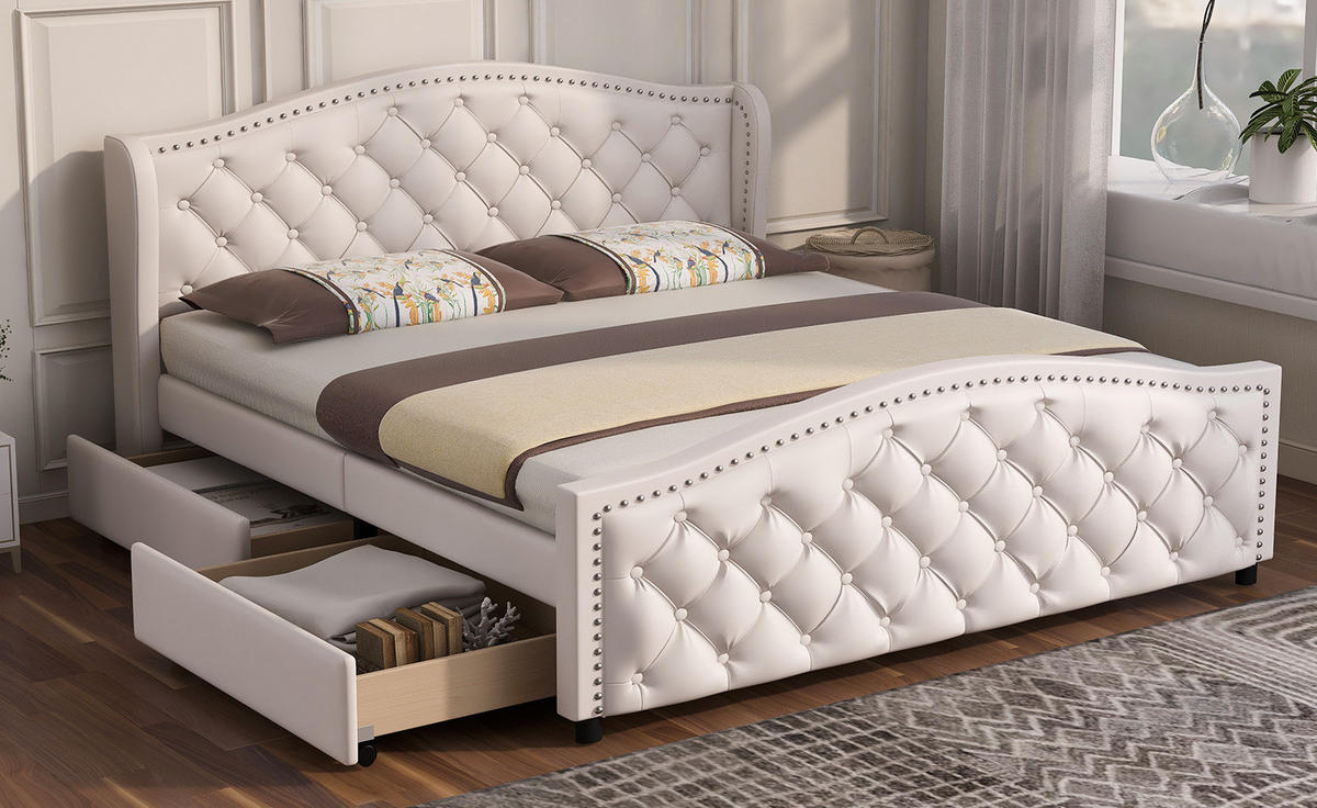 ČALÚNENÁ posteľ z PU 160x200 cm biela s roštom, 2 zásuvkami a vysokým čelom v Chesterfield štýle - biela, plast (160/200cm) - Modfu