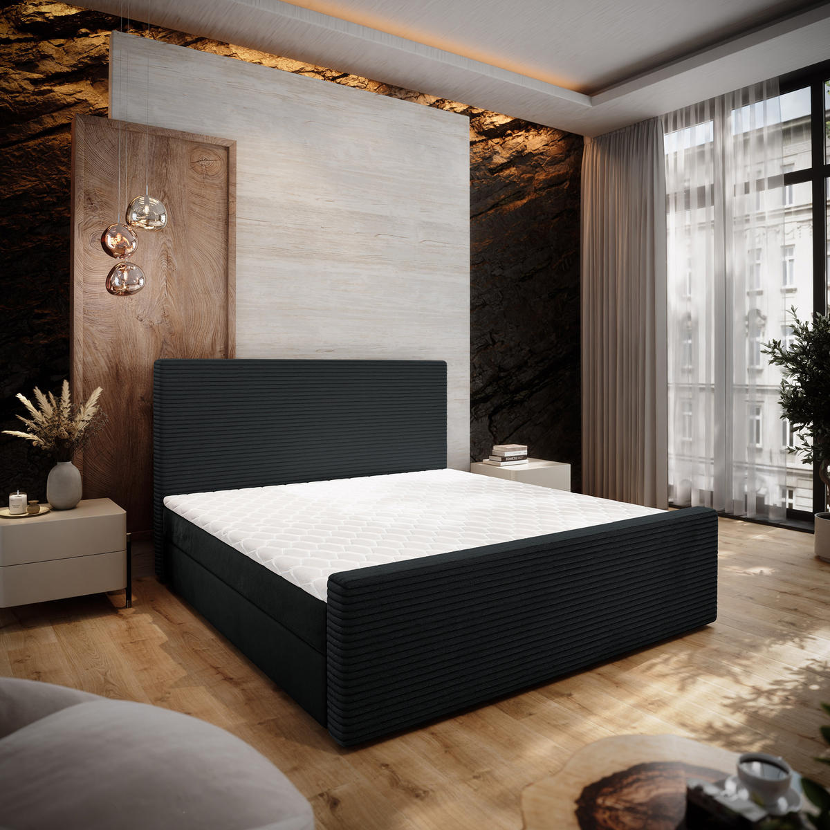 BOXBETT ALORIA 160x200 cm mit Matratze und Topper - Schwarz - Schwarz, Holz (160/200cm) - MASSENO