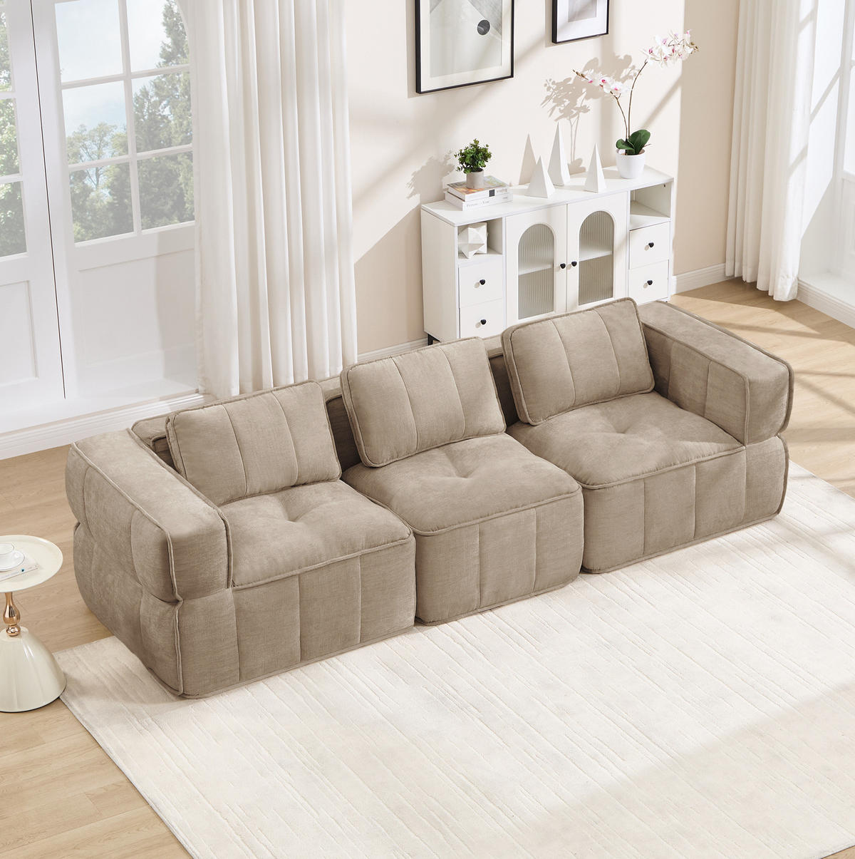 SOFA 271/93/67 cm in Sand aus Polyester mit modularer Flexibilität - Sandfarben, Kunststoff (93/67/271cm) - Flora Grace