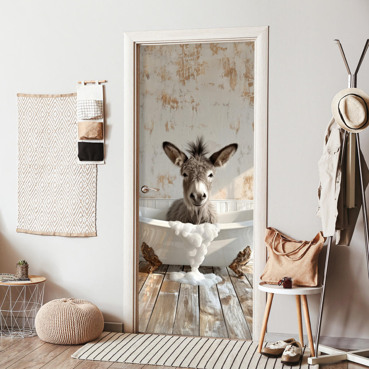 TÜRAUFKLEBER Selbstklebend - Esel - Tier - Vintage - Badewanne 95x215 cm - Türtapete - Eukalyptusholzfarben, Kunststoff (95/0.1cm) - MuchoWow