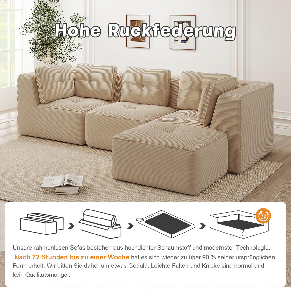 ECKSOFA 297/177/69 cm Beige Cord mit 1 Fußhocker - Beige, Textil (297/177cm) - Oxeza