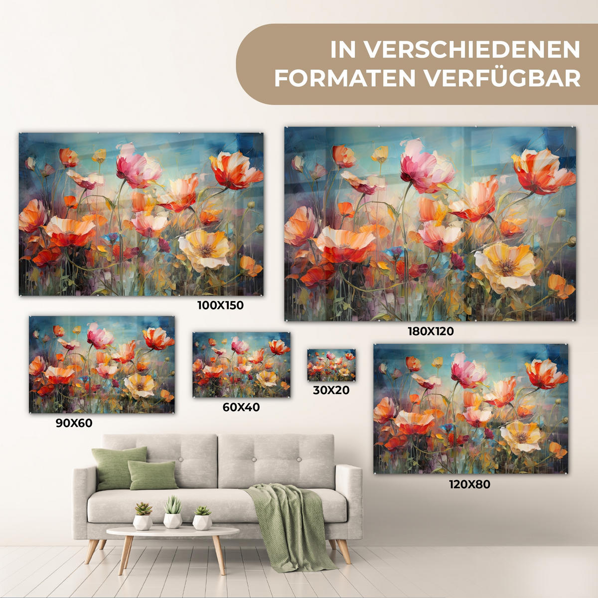 ACRYLGLASBILD Blumen - Aquarell - Kunst - Botanisch - Natur 60x40 cm - Orange, Glas (60/40cm) - MuchoWow