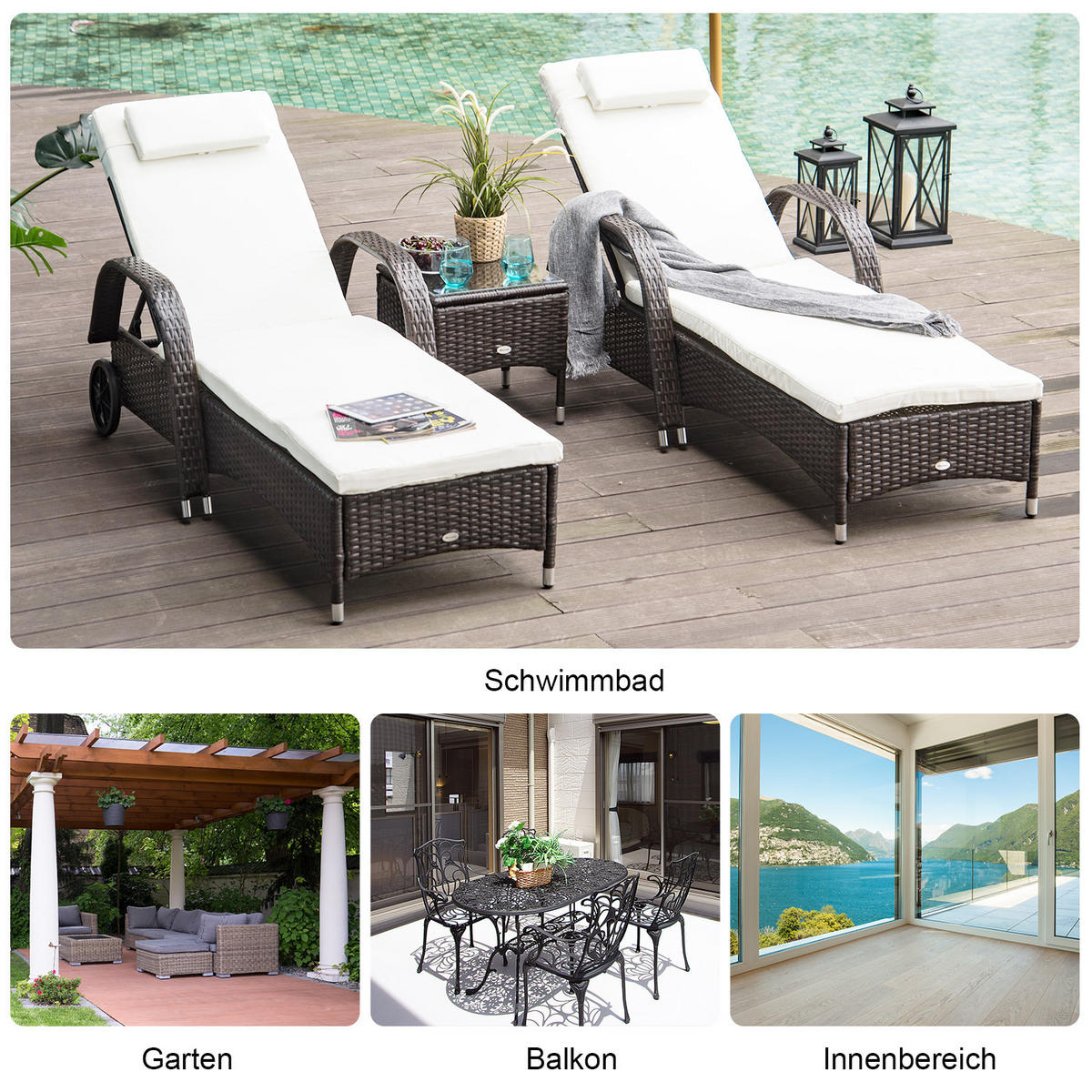 SONNENLIEGEN-SET aus Metall in Braun mit Beistelltisch & verstellbaren Lehnen - Braun, Metall (73/30/200cm) - Modfu