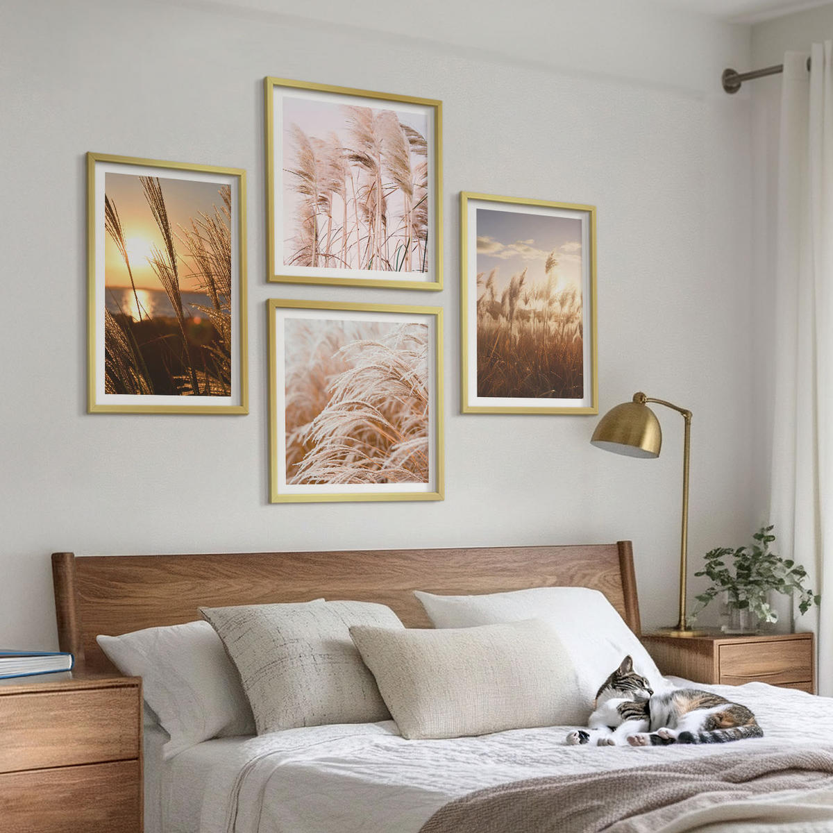 BILDER SET 4er Set - 50x50 cm & 40x60 cm Goldrahmen - Boho-Grasfeld-Sonnenuntergang - Goldfarben, Kunststoff (50/50cm) - TULUP