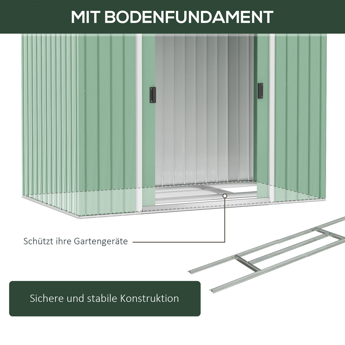 GERÄTEHAUS, Geräteschuppen, Garten Schuppen mit Bodenrahmen, Stahl, Hellgrün - Grün, Metall (130/185/213cm) - Outsunny