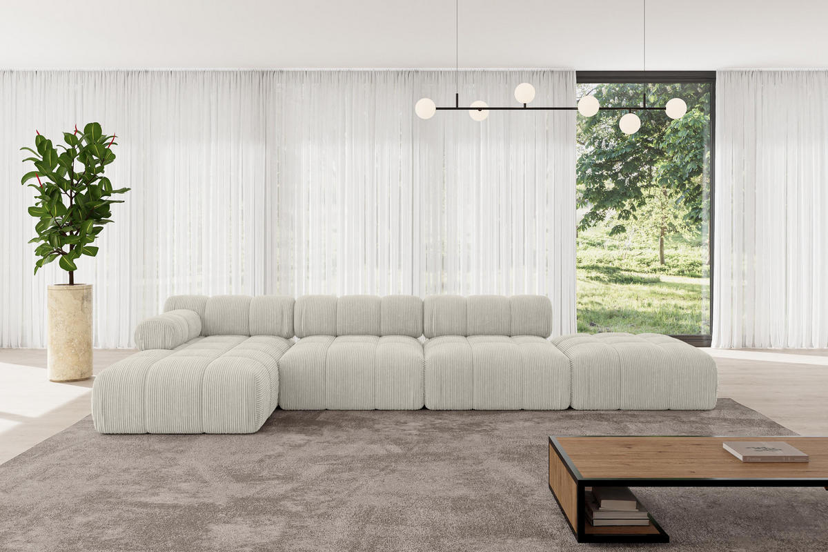 ECKSOFA modulares Sofa Lizur-L2 - 380x160x70 cm Creme Cord - Hellgrau/Creme, Holzwerkstoff/Textil (380/160cm) - ALTDECOR