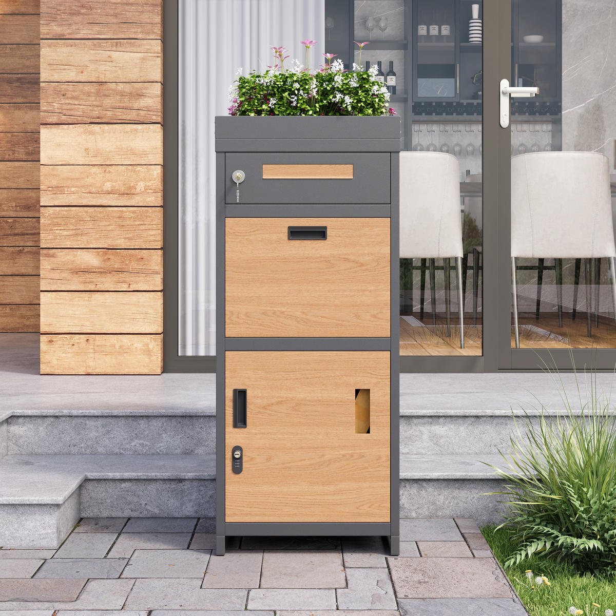 PAKETBRIEFKASTEN abschließbar Pflanzkasten integriert - Grau, Metall (50/118.5/37cm) - Fortuna Lai