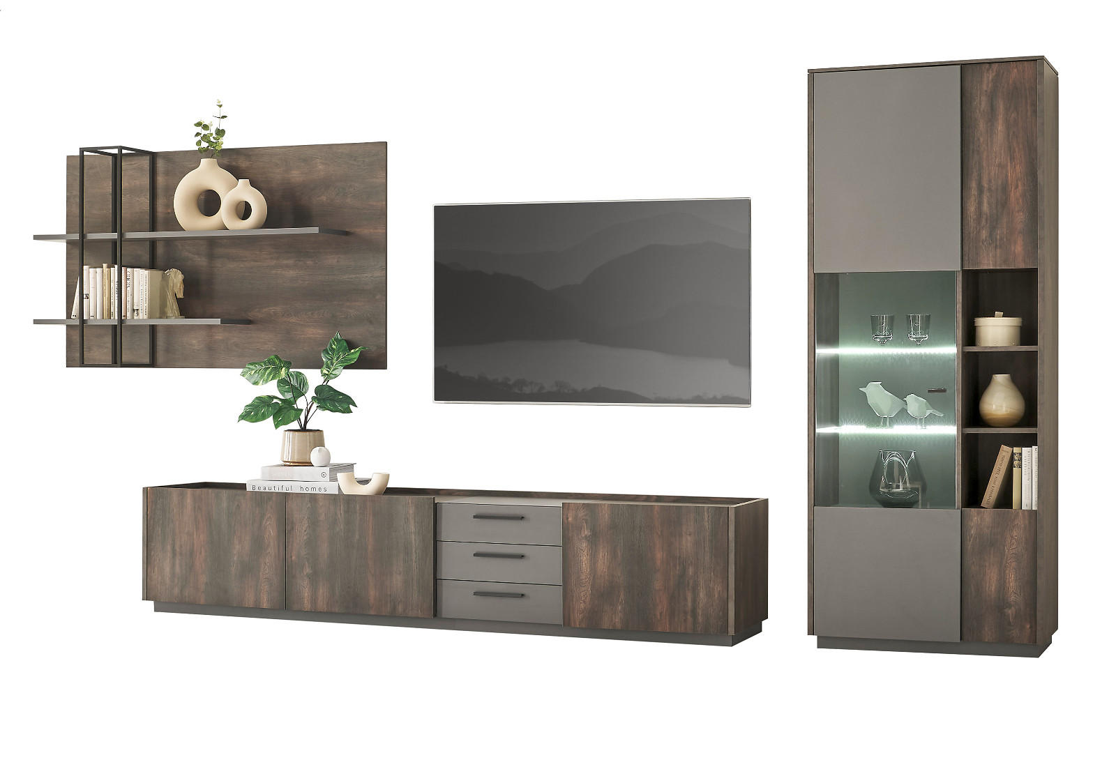 WOHNWAND Thermo Eiche, grau, Set 3-teilig mit XXL TV-Lowboard und Soft-Close - Eichefarben/Grau, Holzwerkstoff/Metall (390/200/45cm) - Furn.Design