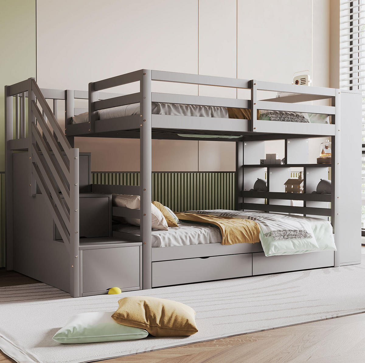 ETAGENBETT 90/200 cm mit Sicherheitstreppe, Stauraum und Lattenrost, Grau - Grau, Holzwerkstoff (90/200cm) - Redom