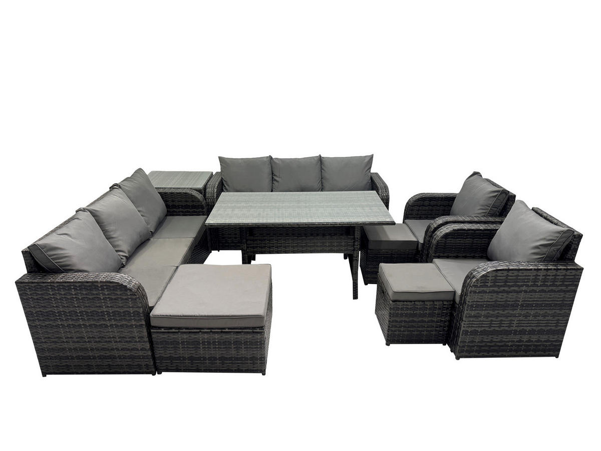 GARTENTISCHGRUPPE mit Beistelltisch,3 Hockern Polyrattan Dunkelgrau 11-Sitzer - Dunkelgrau/Grau, Glas/Kunststoff - Fimous