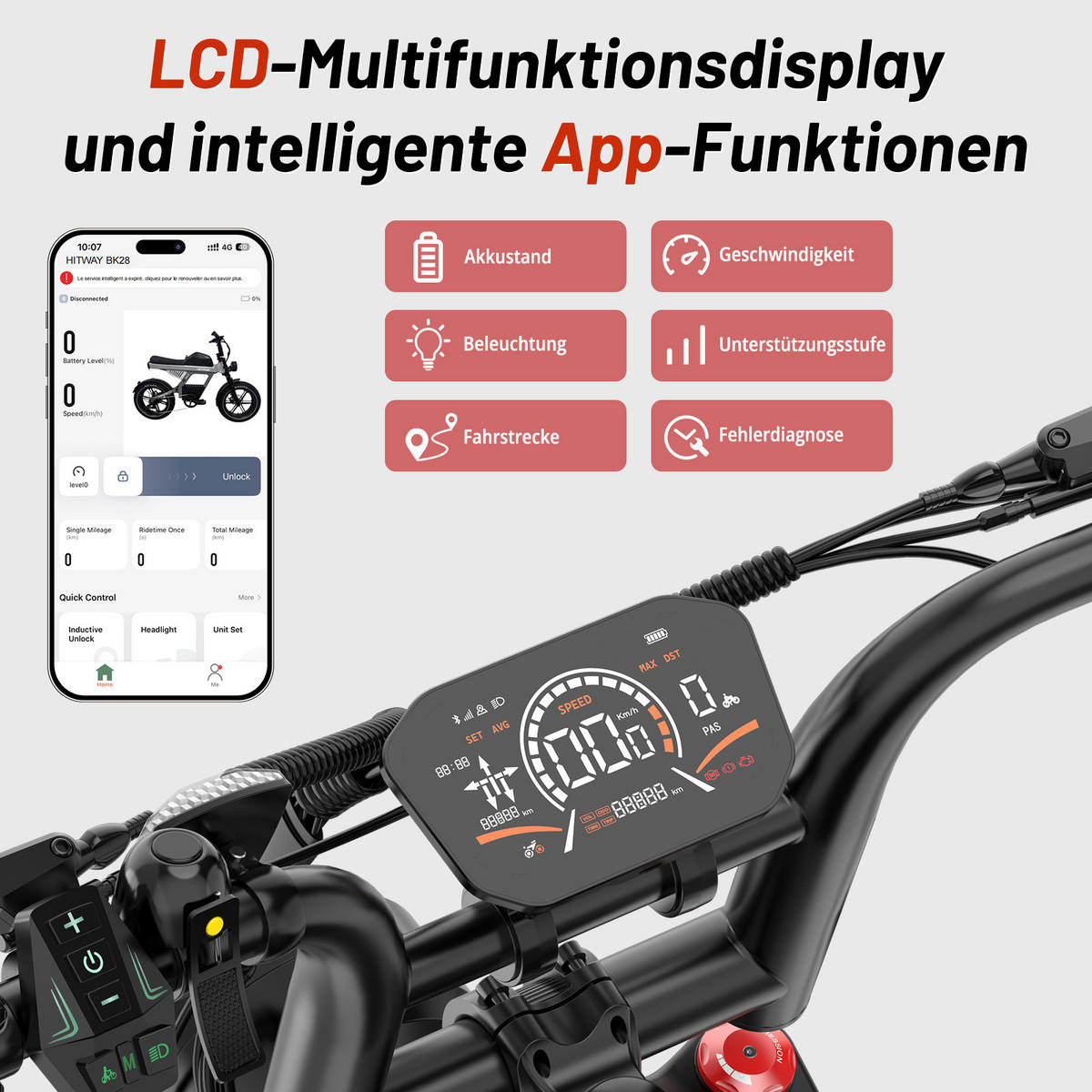 E-BIKE BK28 48V 25Ah Akku ,hydraulische Scheibenbremsen ,App und NFC 5-Gang-Verstellung - Grau, Metall (86cm) - HITWAY