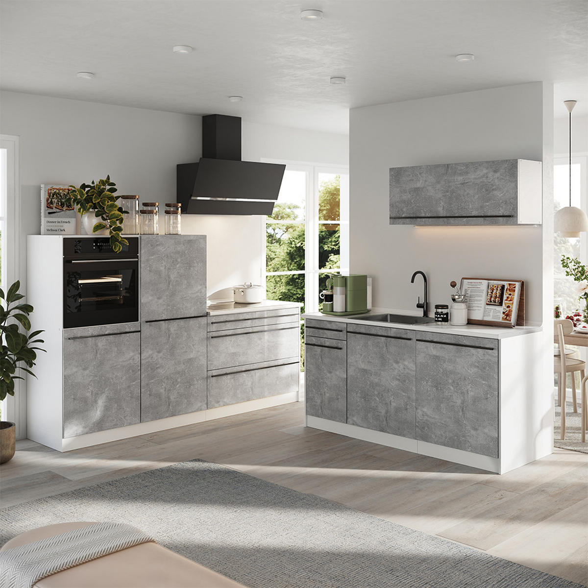 KUCHYŇSKÝ KOUT R-Line, Beton/Bílá, 220 cm pracovná doska Dub Goldkraft - šedá/bílá, kompozitní dřevo (220/143/60cm) - Vicco